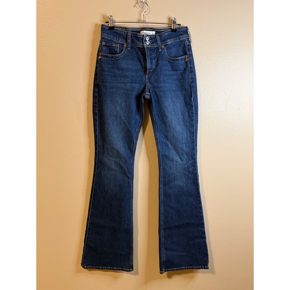 Abercrombie & Fitch Womans Mid Rise Bootcut Jeans Dark Wash Rhinestone Pocket 25